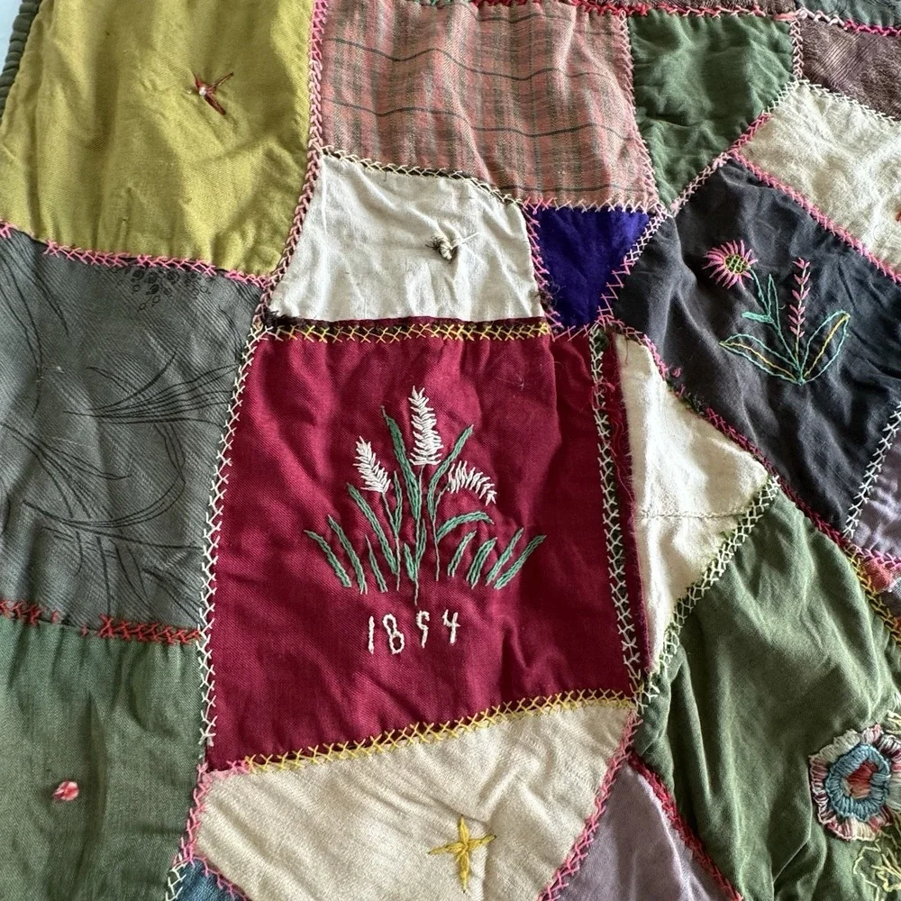Antique‎ 1890s Tattered Crazy Quilt Hand Pieced Embroidered 60